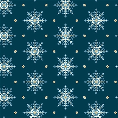 This shows a small swatch of a snowflake crystal motif on a deep, dark midnight blue ground.