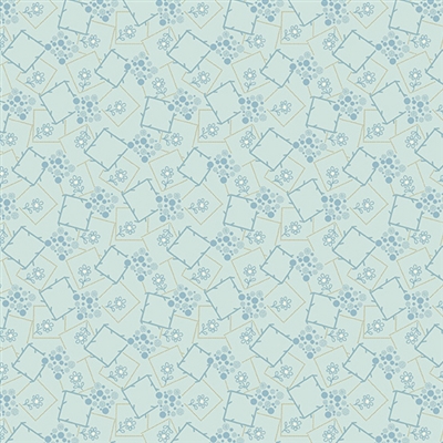 This shows a small swatch of a scatter flower with frost like squares on light teal blue ground.