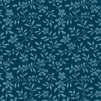 This shows a small swatch of a small trailing monochromatic vine with flowers on a deep, dark indigo blue ground.