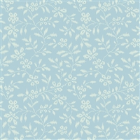 This shows a small swatch of a small trailing monochromatic vine with flowers on a pale, light blue ground.