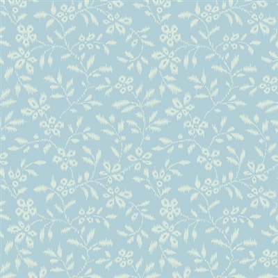This shows a small swatch of a small trailing monochromatic vine with flowers on a pale, light blue ground.