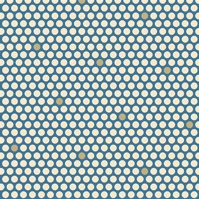 This shows a small swatch of a large cream dot on blue, with occasional tan dots in lieu of cream.