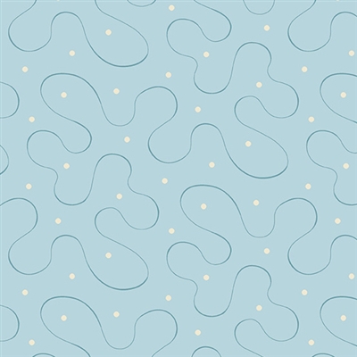 This shows a thin blue ribbon cascading in a serpentine array with a dot on a pale blue ground.