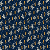 Indigo & Cheddar Lace Leaf by Andover Fabrics shows a frilly white leaf with cheddar on a deep dark indigo blue ground.