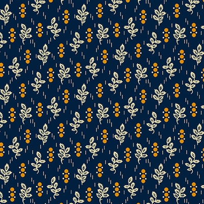 Indigo & Cheddar Lace Leaf by Andover Fabrics shows a frilly white leaf with cheddar on a deep dark indigo blue ground.