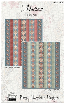 This quilt kit makes a strippy quilt with vertical rows of quilt design from designer Betsy Chutchian in shades of blue and red.