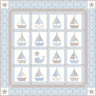 Baby blue and gray quilt features a design of sail boats repeated in blocks and rows to make this 62" quilt.