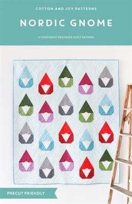 Nordic Gnome Quilt Pattern by Cotton and Joy features graphic, European styled gnomes, in a colorful array of colors.