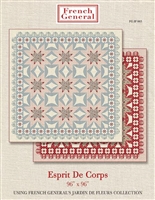 Esprit De Corps Quilt Pattern by French General shows 2 colorways. one blue and one red, of a star quilt designed with both large and small stars and a scalloped appliqued border.