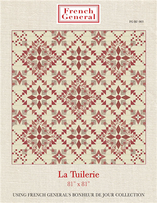 This is an intricate red, cream and taupe quilt pattern with a diagonal set.