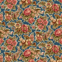 BANNARD HILLS: Chintz floral in teal blue showcases clusters of flowers suitable for broderie perse.
