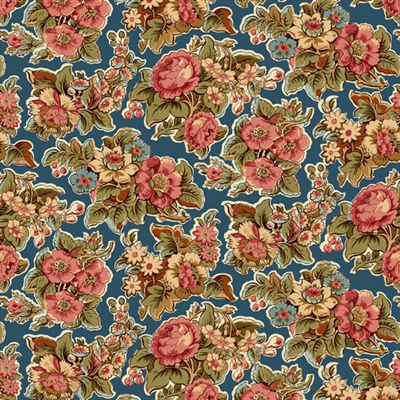 BANNARD HILLS: Chintz floral in teal blue showcases clusters of flowers suitable for broderie perse.
