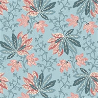 BANNARD HILLS: Chintz floral Fan Leaf Floral showcases clusters of leaves in light teal blue and pinks.