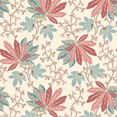 BANNARD HILLS: Chintz floral Fan Floral showcases clusters of leaves in light teal blue and pinks on a cream ground.