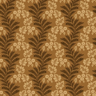 BANNARD HILLS: Serpentine vine Stripe features a large scale leafy stripe in shades of caramel, designed by Michelle Yeo.