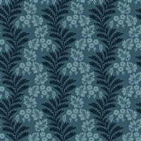 BANNARD HILLS: Serpentine vine Stripe features a large scale leafy stripe in shades of teal blue designed by Michelle Yeo.