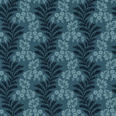 BANNARD HILLS: Serpentine vine Stripe features a large scale leafy stripe in shades of teal blue designed by Michelle Yeo.