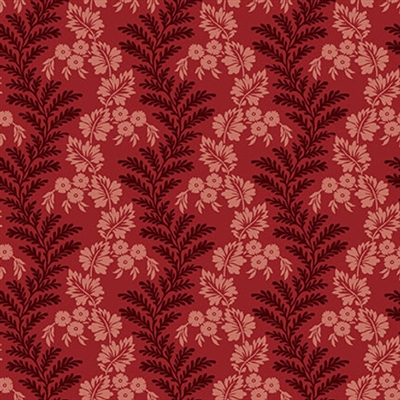 BANNARD HILLS: Serpentine vine Stripe features a large scale leafy stripe in shades of red designed by Michelle Yeo.
