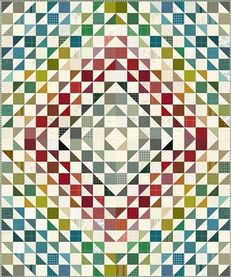 Altitude Quilt Pattern cover shows a scrappy pieced quilt made of squares and half square triangles in a large variety of colors.