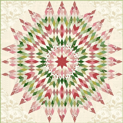 Amaryllis  Quilt Kit by Laundry Basket Quilts shows a large lone star quilt variation in cream pink and green that would liven up your holiday dÃ©cor.