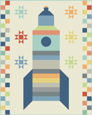 Blast Off Quilt Patten Laundry Baskets Quilts shows a rocket ship in primary colors in a playful quilt pattern perfect for babies & toddlers alike.