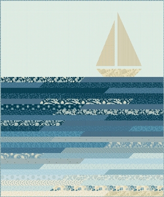 The Blue Escape Quilt Pattern by Laundry Basket Quilts depicts a sail boat sailing away on a calm deep blue sea, with shades of  the palest blues to accents of deep dark midnight blue.t