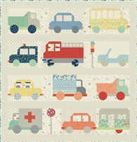 Car Show Quilt Patten Laundry Baskets Quilts shows 12 different types of vehicles in primary colors in a playful quilt pattern perfect for babies & toddlers alike.