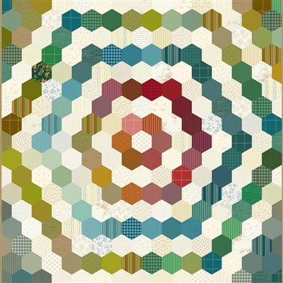 Compass Quilt Pattern cover shows a hexagon style quilt in a large variety of colors.