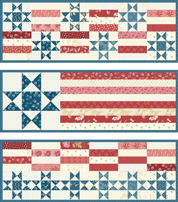 Cover shows 3 different red, white and blue table runners that can be made with the pattern in celebration of the 4th of July, Independence Day.