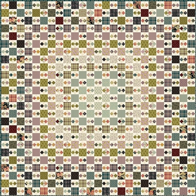 This pattern makes the intricate pieced quilt shown in a large variety of scrappy colors made from very small blocks.