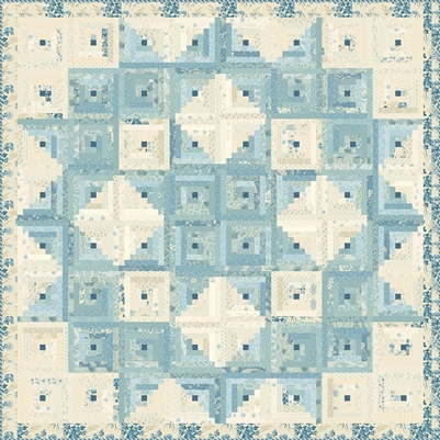 Pioneer Log Cabin Quilt Pattern  by Laundry Basket Quilts shows small log cabin blocks in shades of blue and cream with a narrow outer floral border.