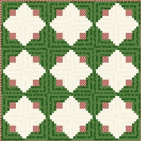 Quilter's  Cabin Quilt Kit by Laundry Basket Quilts shows small log cabin blocks in shades of green aqnd cream .