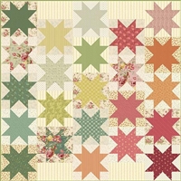 Sewing Star Quilt Pattern by Laundry Basket Quilts shows a star quilt with vertical rows of stars, with each row being in a different color family.