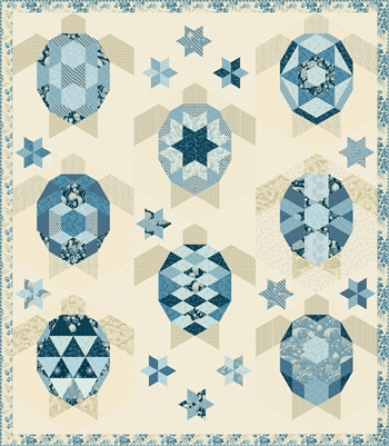 The Turtles Quilt Templates by Laundry Basket Quilts design features a large group of sea turtles swimming in a huddle with all the fabrics being from the Blue Escape Collection.
