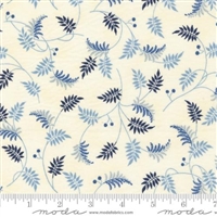 Amelia's Blues Trailing Leaves  by Betsy Chutchian for Moda shows a trailing vine with leaves in shades of light and dark blue.