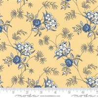 Amelia's Blues Lily Floral Yellow by Betsy Chutchian for Moda shows a pretty floral fabric in shades of light and dark blue.