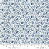 Amelia's Blues Seneca Falls Floral by Betsy Chutchian for Moda shows a pretty  small floral fabric in shades of light and dark blue.