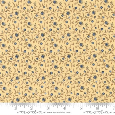 Amelia's Blues  Temperance Yellow  by Betsy Chutchian for Moda shows a pretty  small floral fabric in shades of blue on yellow.