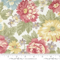 Lush packed medium scale floral in blues and yellows with rose accents