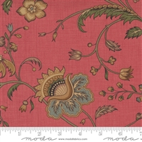 This fabric features a Large golden vintage blossom flower and vine on a soft faded red ground