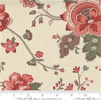 This fabric features a Large soft rose pink vintage blossom flower and vine on a soft pearl ground