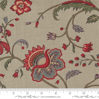 This fabric features a Large red  vintage blossom flower and vine on a darker taupe grey ground
