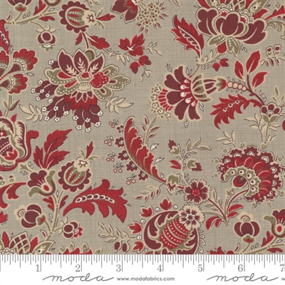 This fabric features a Large red and taupe crewel vintage blossom flower and vine on a deep taupe ground