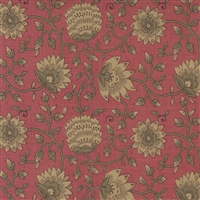 This fabric features a Large brown  vintage blossom flower and vine on a rich red ground