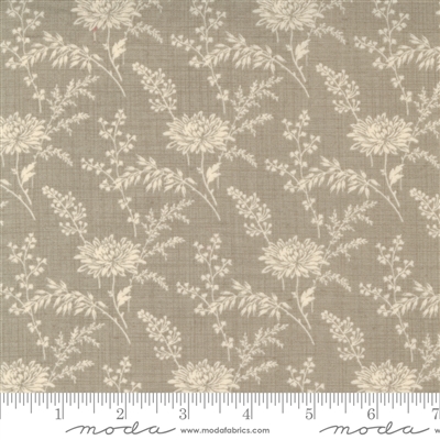 This fabric features a small  cream  flower outline on a stem with leaves in a tossed repeat on a taupe ground