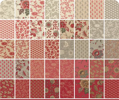 This fabric features a Large golden vintage blossom flower and vine on a rich bright red ground
