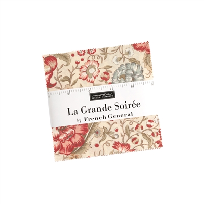 This fabric features a fie inch square of all fabrics in the collection, La Grande Soiree by French General for Moda Fabrics.