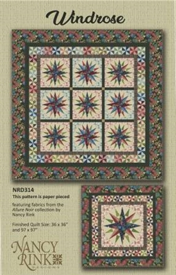 Windrose Quilt Pattern from Nancy Rink Designs features a small design with a single mariner's compass block or a larger 97" quilt with 9 foundation pieced compass blocks.