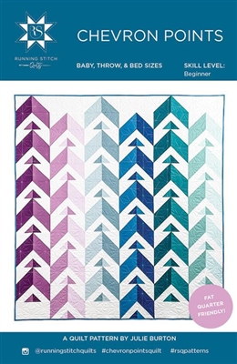 Chevron Points Quilt Pattern by Running Stitch Quilts makes a vertical strippy quilt with chevron arrows using shaded solid fabrics in related colors.