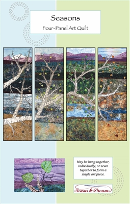 Seasons Landscape Art Quilt Pattern depicts 4 panel quilts featuring the changing seasons